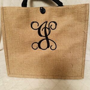 Burlap Tan Tote Bag with Black J Monogram